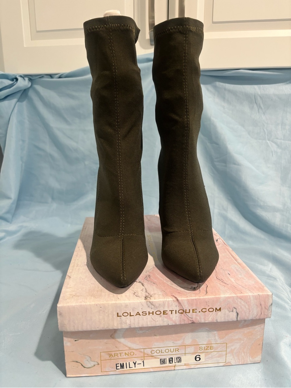Miss Lola Olive Stretch Sock Boot Heels
